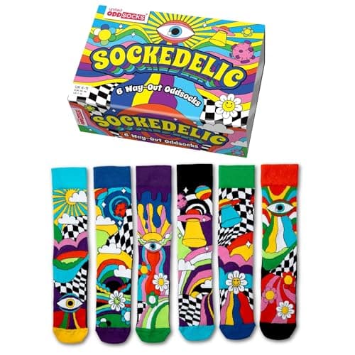 Image of United Oddsocks Sockedelic Gift Box – 6 Way-Out Odd Socks for Men – UK 6–11, EUR 39–46, US 7–12 – Colourful Mix & Match Novelty Socks with Psychedelic Patterns – Fun, Funky Gift for Men Who Love Style