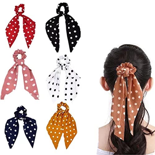 Image of 6 Pieces Chiffon Floral Scrunchie Ribbon Bow Scrunchies Ponytail Polka Dot Hair Scarves 2 in 1 Hair Ties Use for Women Girls
