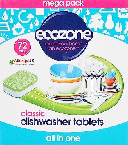 Image of EcoZone Classic All-In-One Dishwasher Tablets, Effective Cleaning Formula Cuts Through Grease & Grime, Natural Vegan & Non Toxic Tabs, Plant Based Plastic-Free, Leaves No Residue (Box of 72 Capsules)
