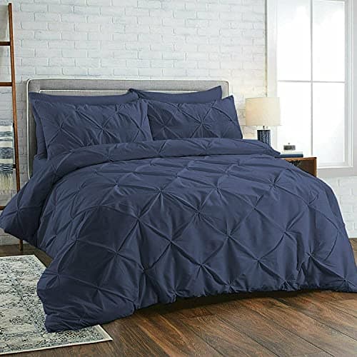 Image of Diamond Pleated Pintuck Duvet Cover Set with Pillow Cases 100% Cotton Bedding Quilt Covers Bed Sets Single Double King Super King Size (Navy, Double)