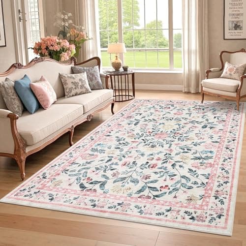 Image of CAROMIO 160x230 cm Soft Large Floral Rug, Washable Non-Slip Farmhouse Carpet for Living Room, Low Pile Foldable Area Rug for Bedroom, Dining and Nursery, Pink