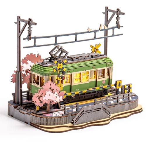 Image of ROBOTIME Model Kits for Adults to Build Sakura Tram with LED Lights, 3D Wooden Puzzles Home Decor Gift for Adults Women Girls