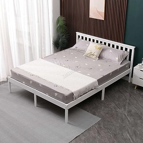 Image of WestWood Double Bed Solid Pine Frame Headboard Durable Shaker Style Low Foot End Wooden Platform With Wood Slat Support Bedroom Furniture Strong Support Legs Adults Kids Teenagers White