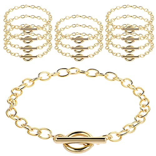 Image of Prasacco 12 Pcs Bracelet Chains for Jewelry Making, Chain Bracelet for Women, Link Chain Bracelets with OT Toggle Clasp, Charm Bracelets for Jewelry Making (Gold)
