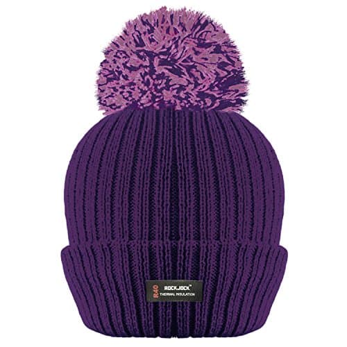 Image of RockJock R40 Ladies Womens Winter POM Ribbed Beanie with Advanced Thermal Insulation HAT, DK Purple, One Size