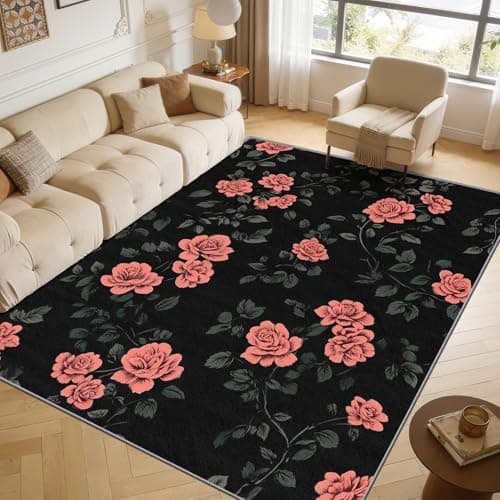 Image of TerroVee Rose Area Rugs for Living Room 80x150 - Floral Botanical Rug for Bedroom, Romantic Flower Non Slip Washable Short Pile Carpet, Rose Room Decor