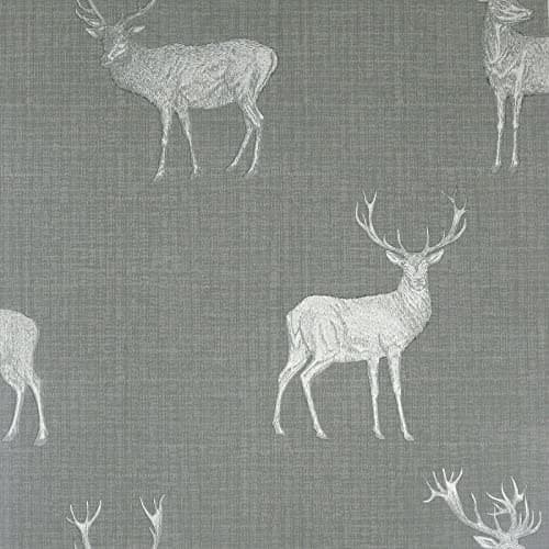 Image of Heritage Stag Wallpaper Grey Silver Metallic Textured