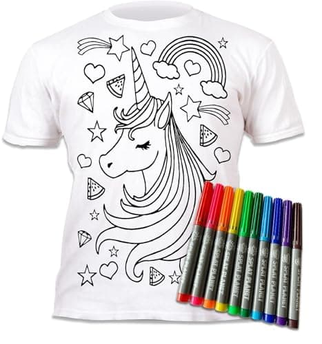 Image of Splat Planet Colour-in Unicorn Stars T-Shirt with 10 Non-Toxic Washable Magic Pens - Colour-in and Wash Out T-Shirt (UK, Age, 5 Years, 6 Years, Regular) White