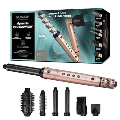 Image of REVAMP Dynamic Radiance Pro Blow Dry Ionic Hot Air Styler – 7 in 1 Brushless Motor, for Quick Drying, Volume, Retractable Bristle Brush, Straighten, Auto Air Curl - 6 Styling Attachments, Beauty Bag