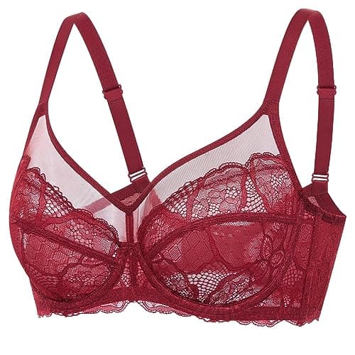 Image of DOBREVA Women's Lace Full Coverage Minimiser Bra Unlined Underwire See Through Plus Size Bra Chinese Red 36E