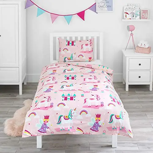 Image of Bloomsbury Mill - Kids Single Duvet Cover Set - Childrens Single Bedding for Girls - Unicorn, Rainbow & Princess Single Bed Duvet Cover Set with Pillow Case - Pink - 135x200cm