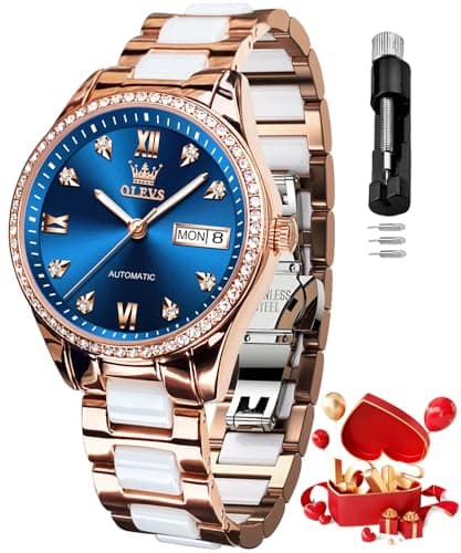 Image of OLEVS Automatic Watch for Women Self Winding Mechanical Ladies Diamond Wrist Watch Luxury Dress Rose Gold Ceramic Watches for Women Love Heart Date