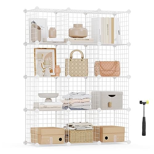 Image of SONGMICS Storage Cabinet, Shelf, Lattice Panels, 4 Levels, 3 Rows, Large Capacity, Free Rubber Mallet, Dimensions 93 x 31 x 123 cm (L x W x H), White LPI34W