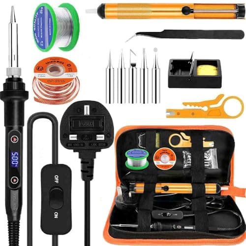 Image of Soldering Iron Kit 80W Ceramic Heating, LCD Adjustable Temperature 180-500°C, 13in1 Welding Tool with Switch Solder Wire, Solder Wick, 5 Soldering Tips, Desoldering Pump, Wire Stripper, Stand, Tweezer