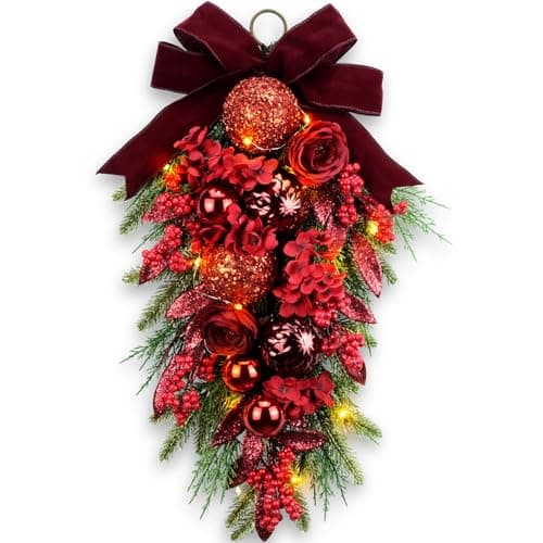 Image of 24" Decorative Teardrop Swag, Artificial Christmas Swag with Red Hydrangea & Baubles, Purple Bowknot, Red Berries, Sparkling Leaves, Pine Needles