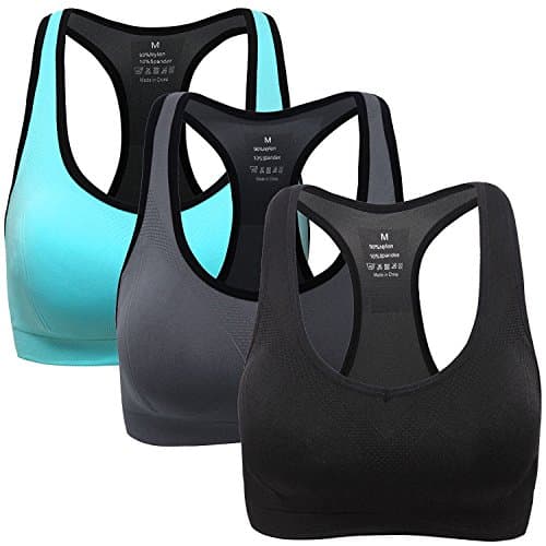 Image of ANGOOL Women's Sports Bra Padded High Impact Racerback Comfy Yoga Workout Bra, M Fit 32DD 32E 34D 34DD 36B 36C 38B 38C, Black+grey+green