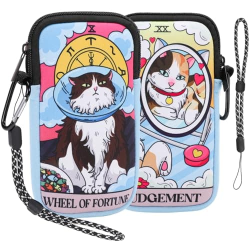 Image of Phone Sock, Neoprene Phone Pouch with Carabiner and Straps, Universal Bag for Smartphones, Compact Sleeve Case for Travel Hiking, Shock Absorbing Pouch Case up to 7",Gift for Women Girls, Tarot Cat