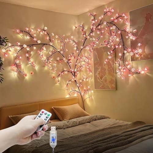 Image of DIY Cherry Blossom Lights,4FT 48 LED Cherry Blossom Tree Branch Light,8 Modes Light Up Pink Wall Decorations for Bedroom,Christmas,Dimmable Vines with Flower Fairy Lights,Remote,Timer,Xmas Gifts