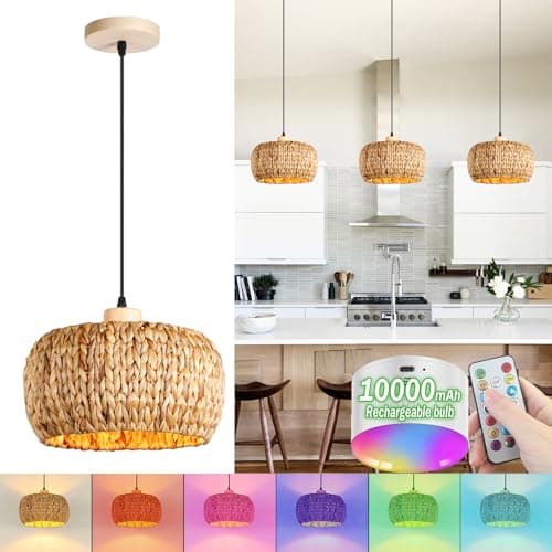 Image of Boho Rattan E27 Pendant Light with Battery Indoor Vintage Bamboo Pendant Light Dimmable with Remote Control Pendant Lamp with RGB Rechargeable Bulbs for Dining Room, No Wiring Required