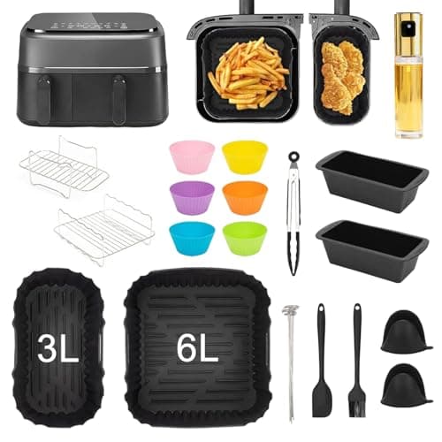 Image of Airfryer Accessories for Philips Dual Basket Airfryer 3000 Series NA350, Hot Air Fryer Accessories Including Glass Oil Spray, Silicone Moulds, Cooking Grate, Baking Paper, Bread Baking Moulds, Kitchen