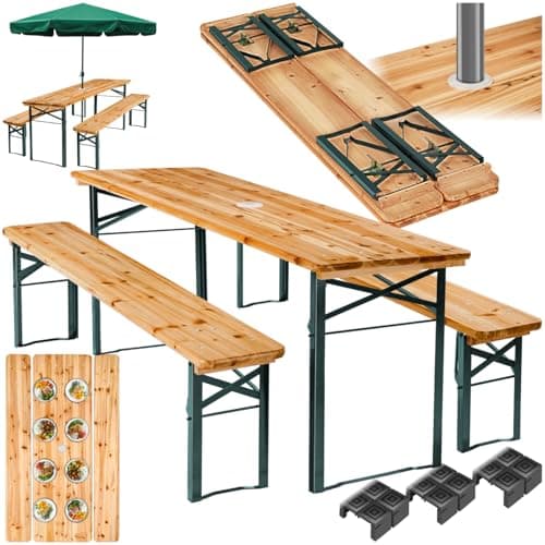 Image of tectake® 3 Piece Picnic Table Set with Benches, Quick Setup, Parasol Holder, Water-Repellent Wooden Surfaces, Foldable and Lightweight for Easy Storage, Incl. Protective Floor Caps