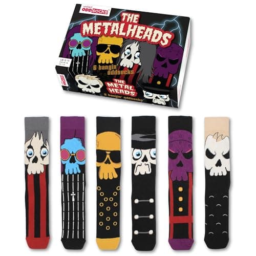 Image of United Oddsocks Metalheads Gift Box, 6 Colourful Mix and Match Men’s Socks, Rock Inspired Novelty Socks Mens, Cotton Rich Socks for Men, Fun Graphic Socks for Music Fans, UK 6-11 EUR 39-46 US 7-12