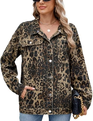 Image of Sukany Women's Retro Casual Denim Jacket Oversized Button Up Long Sleeve Loose Lapel Washed Denim Shacket Coat Leopard S