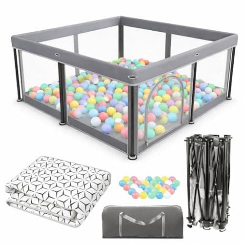 Image of Foldable Baby Playpen with Mat - Portable, Spacious & Sturdy Play Yard for Babies and Toddlers, Quick 1-Minute Setup, Travel-Friendly, Safe & Durable for Indoor and Outdoor Use (Grey, 50x50 inches)