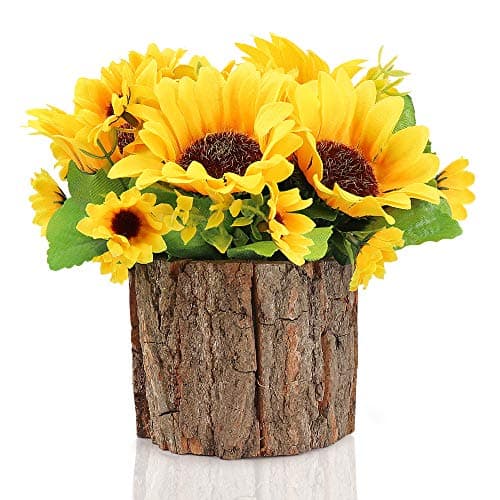 Image of AceList Artificial Sunflowers in Real Bark Pot, Small Faux Potted Plants for Indoor Home Decor, Rustic Farmhouse Table Centerpiece for Desk, Bookshelf, Kitchen Window & Bathroom (Yellow, 7 inch)