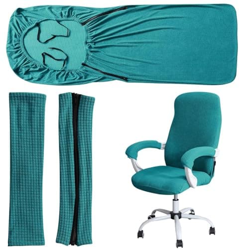 Image of RTSFKFS Armrest Chair Covers, Water Repellent Jacquard Office Swivel Chair Slipcovers Removable Stretch Universal Computer Seat Protector Includ 1 Chair Cover & 2 Arm Covers(Dark Aqua,S)