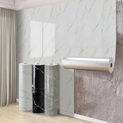 Image of Swehooirt 3 Roll Self Adhesive Thermal Wallpaper 2.3mm Thick White Marble Vinyl Peel and Stick Wallpaper for Bad Cold Walls Insulating Wall Covering Roll Waterproof Damp Proof Kitchen Bathroom