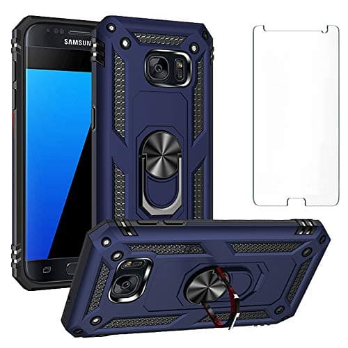 Image of Phone Case for Samsung Galaxy S7 with Tempered Glass Screen Protector Stand Ring Holder Shockproof Silicone Heavy Duty Accessories Magnetic Metal Hard Kickstand galaxys7cases Cover cases Girls Blue