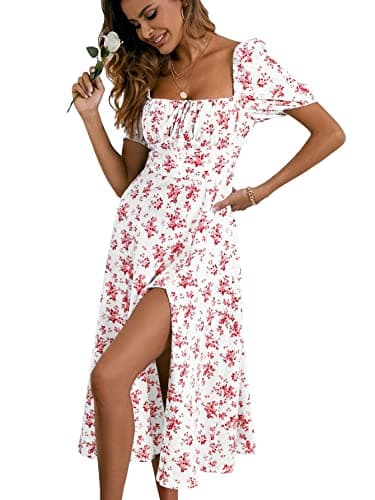 Image of GORGLITTER Women's Floral Midi Dress Ruched Bust Split A Line Dress Boho Square Neck Short Sleeve Summer Swing Dresses Red and White XL