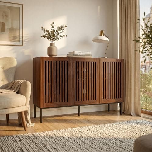 Image of DEZAGCE Sideboard with Slatted Doors, Buffet Cabinet with 3-Door, Metal Legs and Adjustable Shelves, kitchen Cupboard for Living Room Dining Room, Walnut, 39D x 120W x 80H cm