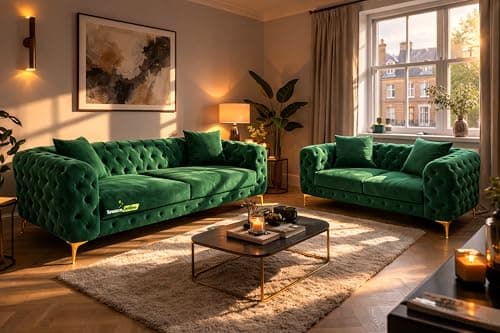 Image of Snooze Velvet Monaco 3 and 2 Seater Sofa Sets, Corner Sofas For Living Room, Upholstered Plush Fabric 3 Seater Sofas (Emerald Green Velvet, 3+2 Seater)