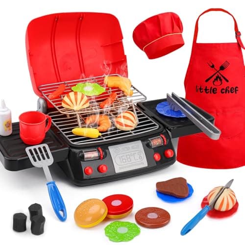 Image of Kids Toy BBQ Play Food Set with Chef Dress Up Outfit, Grill Cooking Playset Role Play Toys with Kitchen Accessorie & Realistic Smoke/Sound/Light, Pretend Play Toys for 3 4 5 Year Old Girls Boys Gifts