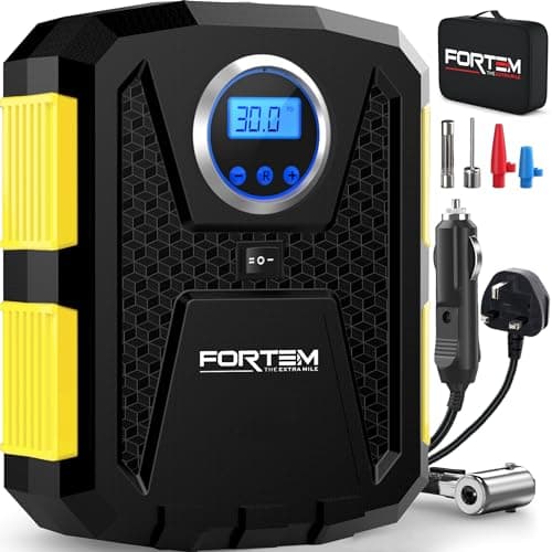 Image of FORTEM Car Tyre Inflator 150 PSI, Air Compressor, 230V AC 12V DC Electric Air Pump for Car Tires, Digital Tire Pump w/Auto Pump/Shut Off, Carrying Case