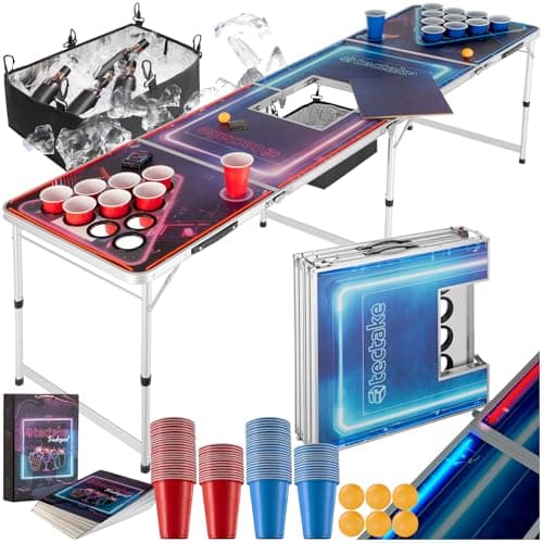 Image of tectake® Beer Pong Table with Height-Adjustable & Folding Aluminium Frame, Luxury Game Table with LED Lighting, Ice Box & Cup Holders, Full Beer Pong Set Incl. 100 Cups, 6 Balls & Card Drinking Game