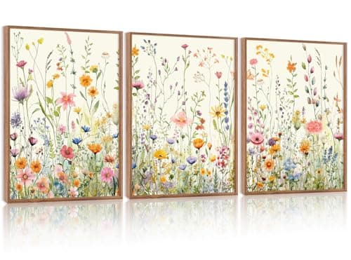 Image of HPINUB Colorful Flower Framed Canvas Wall Art Set, (Set of 3,12X16 Inch)Watercolor Daisy Floral Wall Decor, Wildflower Green Leaf Wall Painting, Multicolour Botanical Art Print for Living Room,Office