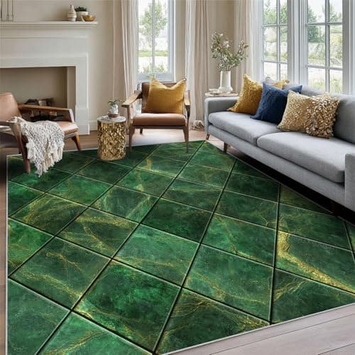 Image of Emerald Green Tile Rug, 200 x 200 cm, Dark Green Marble Rugs for Living Room Bedroom, Geometric Carpet, Modern Home Decor, Washable Non Slip Low Pile Largel Area Rugs K85G2