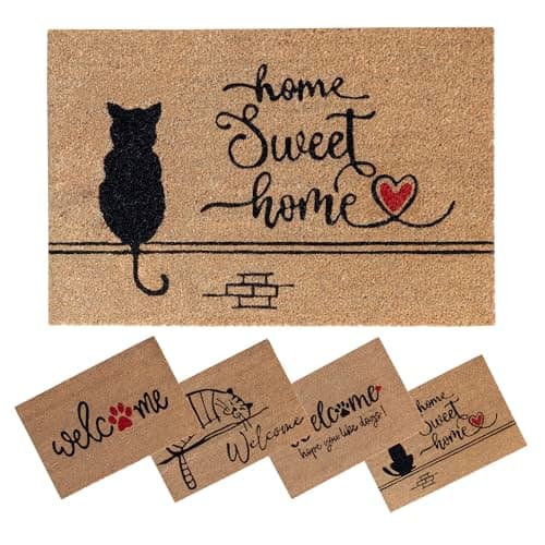 Image of SPOTTED DOG GIFT COMPANY Coir Door Mat, Inside Outside Door Mats, Welcome Mat, Indoor Outdoor Doormats, Front Entrance Doormat, Heavy Duty Non Slip PVC Backing 40x60 Black Cat Home Sweet Home