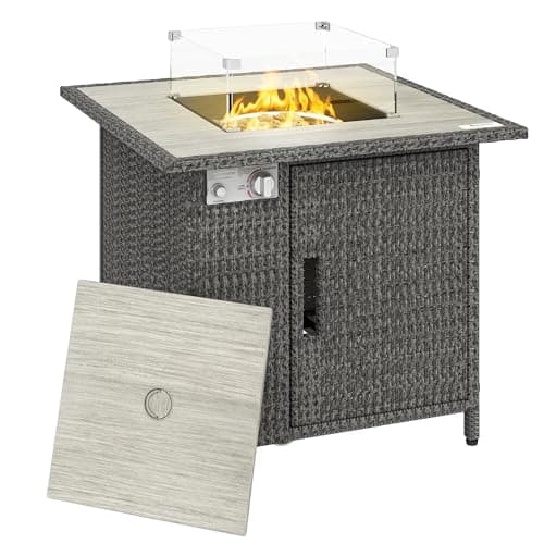 Image of Outsunny Rattan Gas Fire Pit Table, 14.5 KW Square Smokeless Propane Gas Fire Pit with Rain Cover, Wind Guard, Lid, Spark Guard Mesh, Lava Rocks, Outdoor Garden Dining Table with Heater, Dark Grey