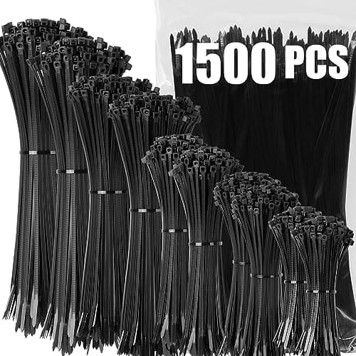 Image of XINGO Cable Zip Ties, 1500 Pack Black Zip Ties Assorted Size 4+6+8+10+12 Inch,Self-Locking UV Resistant Nylon Cable Ties, Perfect for Home, Office, Garden and Workshop