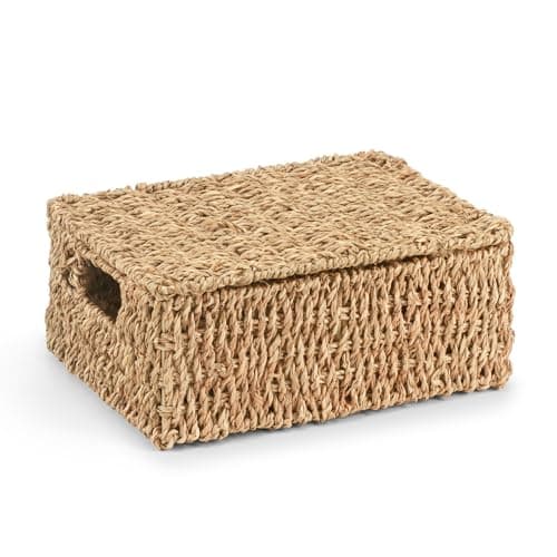 Image of Woodluv Storage Boxes with Lids, Woven Natural Seagrass, Nesting Storage Baskets for Shelves, Gift Hamper Basket | Shelf Hamper Organiser for Bathroom, Bedroom, Kitchen & Home Office, Medium
