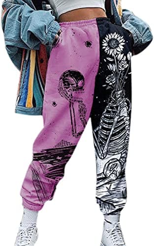 Image of oytto Women Drawstring Pants Loose Beam Feet Joggers Trousers Star Moon Skull Print Stitching Color Blocks Ladies Sports Gym (Sunflower,L,L)