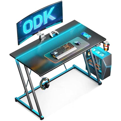 Image of ODK Gaming Desk with LED Lights, Gaming Table with Cup Holder and Headphone Hook, Double Z Frame Design Computer Desk, Carbon Fiber Black 100 cm