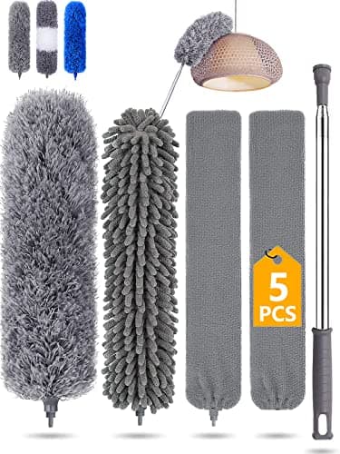 Image of Feather duster 5PCS kit with 30-100 inch telescopic extension pole, detachable bendable and reusable gap hand crevice brush for cleaning dust cobwebs on high ceiling fans lights blinds cars furniture