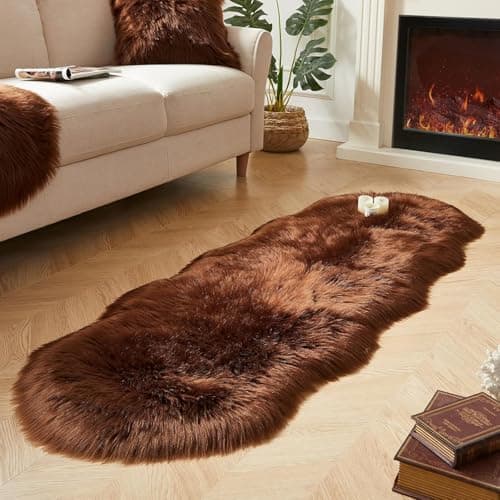 Image of JXLOULAN Soft Faux Fur Sheepskin Rug Dark Brown 60x160 cm, Fluffy Area Rug Machine Washable for Bedroom, kids room, Living Room, Nursery Decor