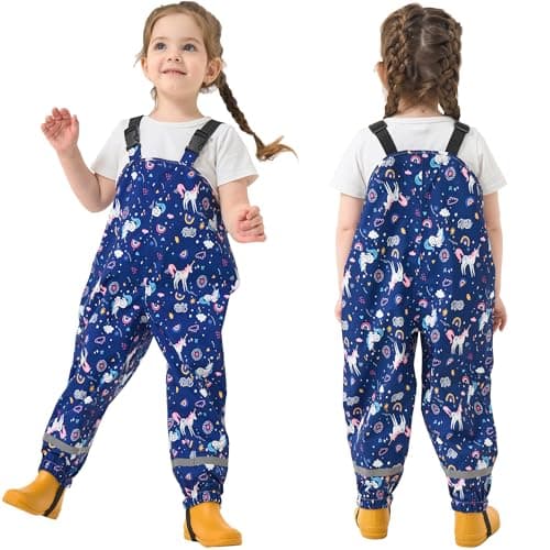 Image of Fewlby Waterproof Trousers Girls, Rain Trousers Kids Waterproof Bib Overalls Toddler Rain Pants Rain Dungarees Windproof Mud Pants Blue Unicorn Rainwear for Outdoor Play, 5-6 Years