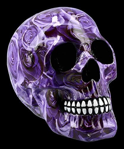 Image of Figuren Shop GmbH Colourful Gothic Skull with Roses - Purple Romance | Fantasy Skull, Skull, Head Sculpture, Height 15 cm